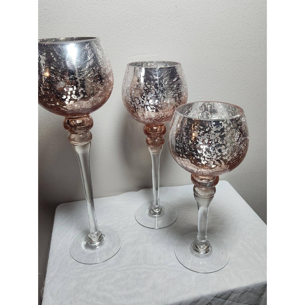 Rose Gold Mercury Glass Candle Holder Set 3 Tiered Long Stem Goblet Centerpiece